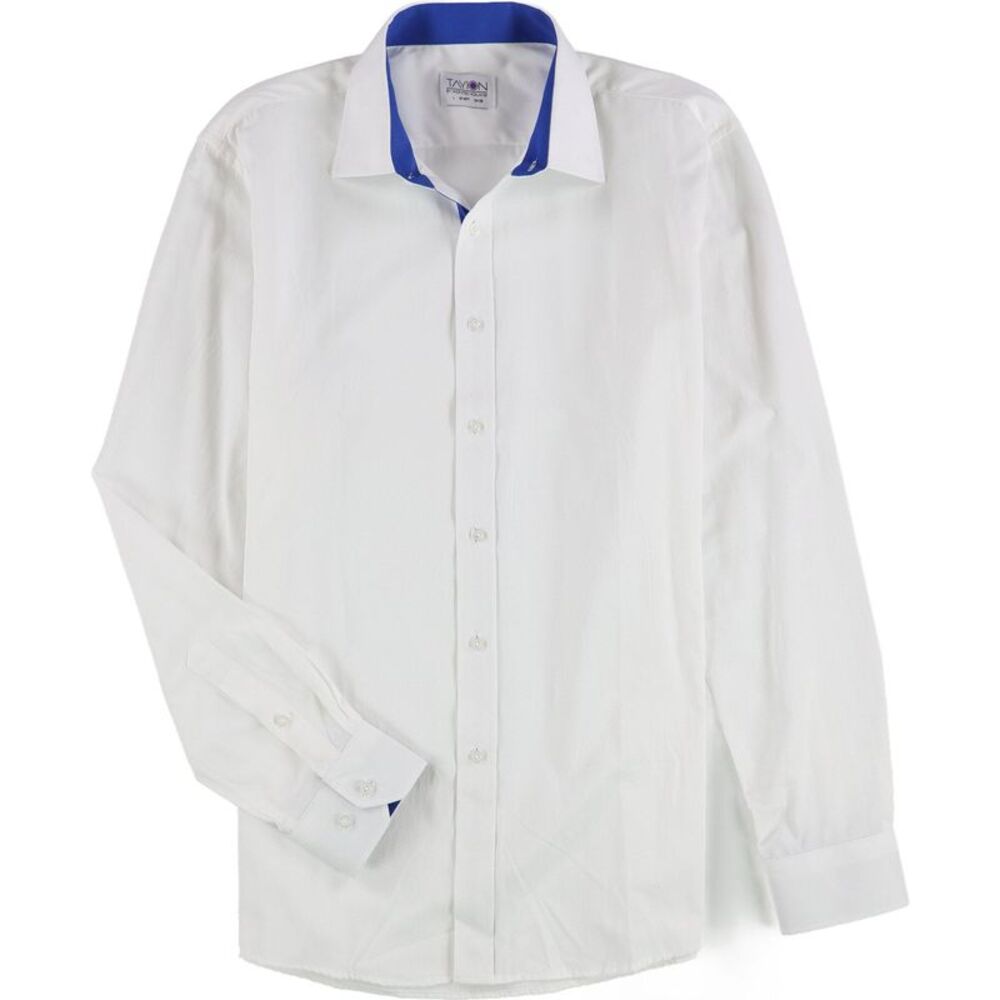 Tayion Collection Mens Blue Trim Solid Button Down Dress Shirt, White, 18-18....